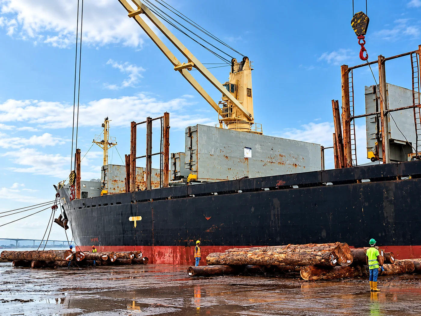 Round logs on the quayside being loaded onto a cargo ship by crane, with workers in safety gear