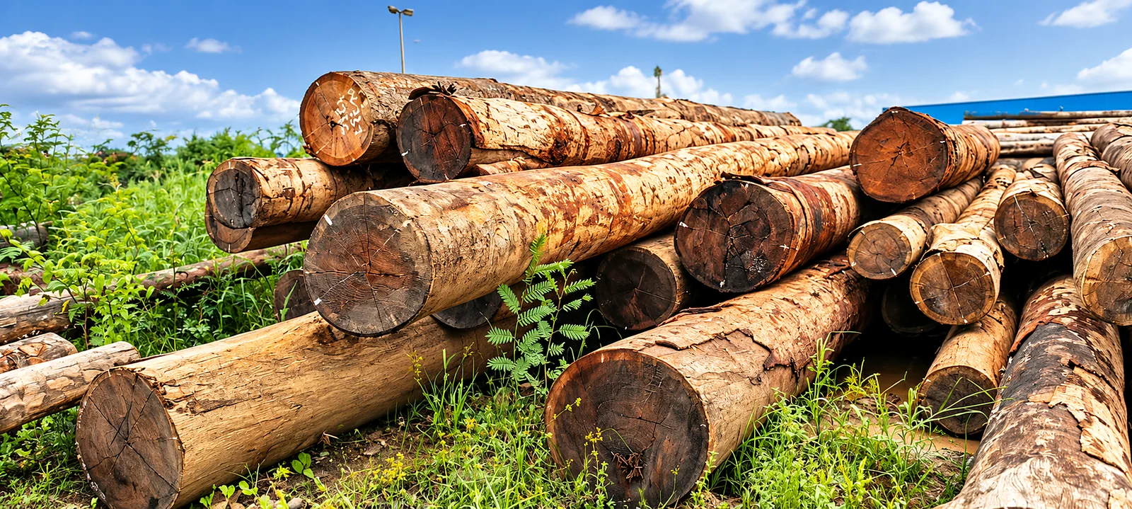 Freshly felled round logs stacked in a Dowlet timber yard under a clear sky