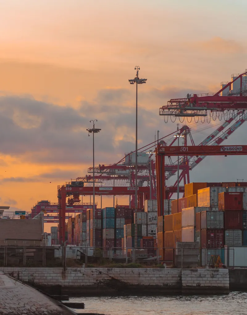 Container port and shipping cranes at dusk