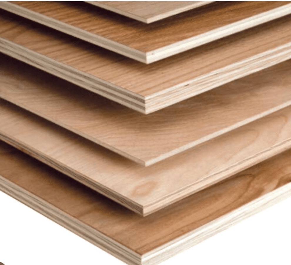 Stacked plywood sheets in a warehouse